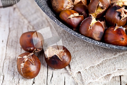 Image of roasted chestnuts in a pan 