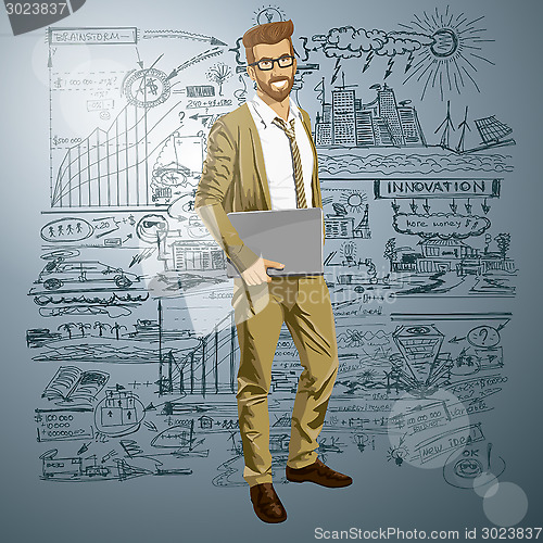 Image of Vector Hipstar Man With Laptop in His Hands