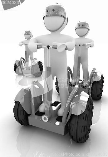 Image of 3d white persons riding on a personal and ecological transports