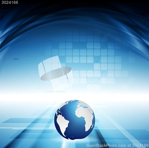 Image of Blue motion technology background with waves and globe
