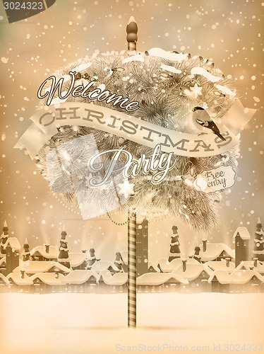 Image of Christmas cityscape and snowfall. EPS 10