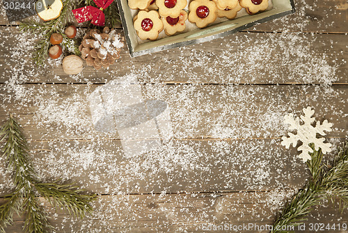 Image of old table decorated wintry