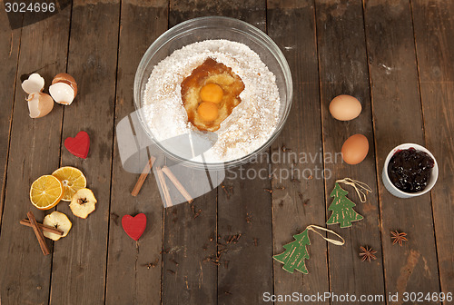 Image of Baking ingredients on old wooden table