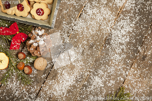 Image of old wood decorated for Christmas