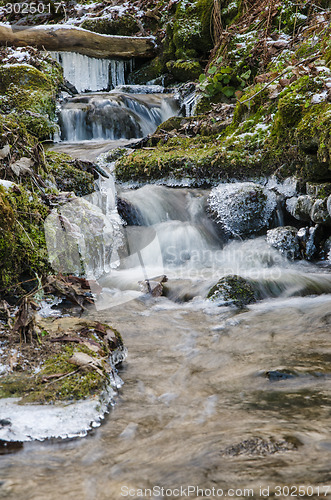 Image of Small creek with a waterfall close up