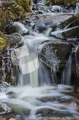 Image of Small waterfall with icicles and ice close up, spring.