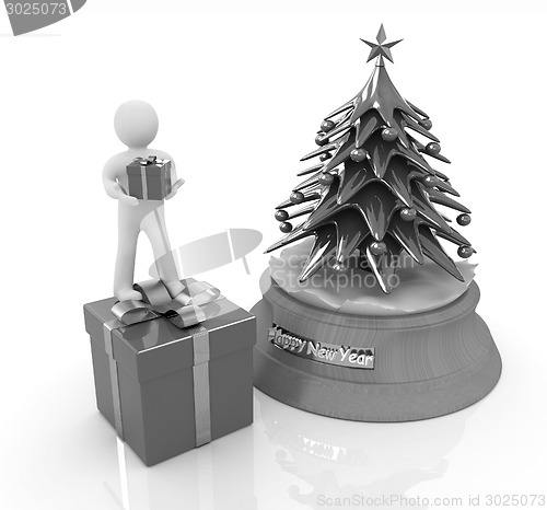 Image of 3D human, gift and Christmas tree 