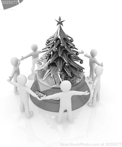 Image of 3D human around gift and Christmas tree