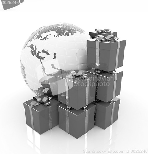 Image of Traditional Christmas gifts and earth on a white background. Glo