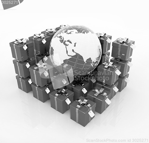 Image of Traditional Christmas gifts and earth. Global holiday concept