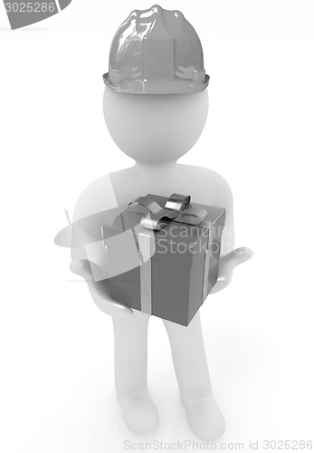 Image of 3d man in hard hat with gift
