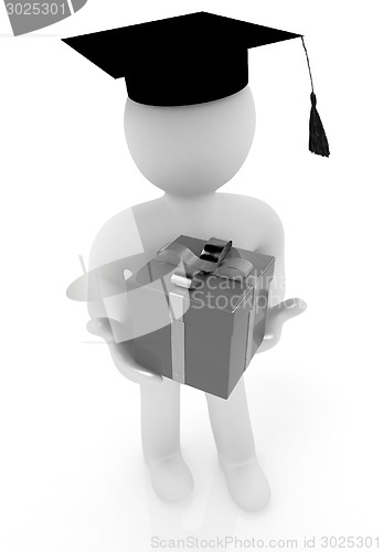 Image of 3d man in graduation hat with gift on a white background