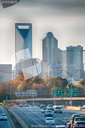 Image of charlotte north carolina skyline during autumn season at sunset