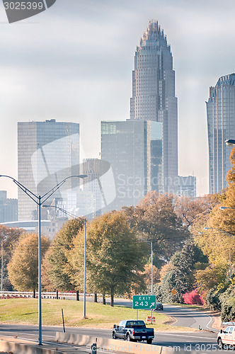 Image of charlotte north carolina skyline during autumn season at sunset