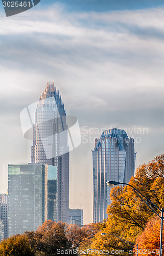 Image of charlotte north carolina skyline during autumn season at sunset