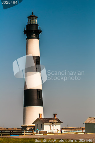 Image of Black and white striped lighthouse at Bodie Island on the outer 