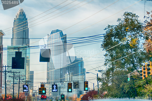 Image of charlotte north carolina skyline during autumn season at sunset