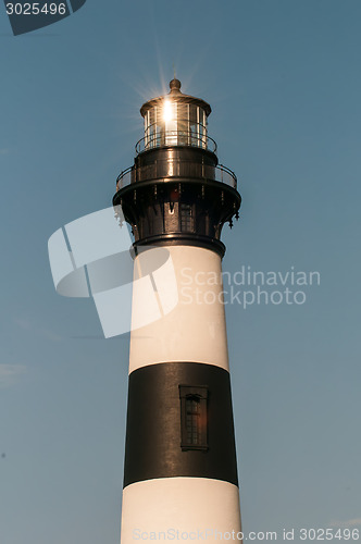 Image of Black and white striped lighthouse at Bodie Island on the outer 