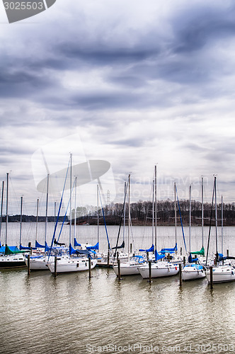 Image of parked yachts in harbour with cloudy skies