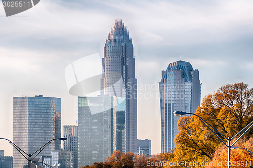 Image of charlotte north carolina skyline during autumn season at sunset