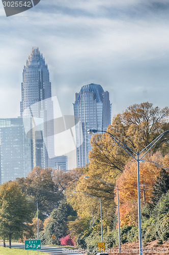 Image of charlotte north carolina skyline during autumn season at sunset