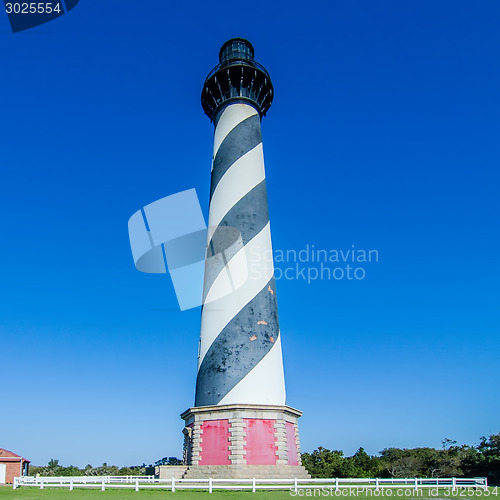 Image of Cape Hatteras lighthouse at its new location near the town of Bu