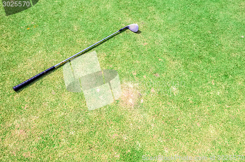 Image of golf club laying on green grassy fairway next to a hole