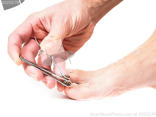 Image of Person cutting ingrown big toe nail isolated towards white