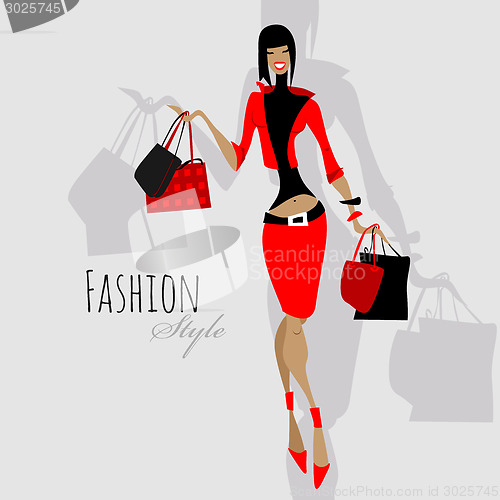 Image of Fashion girl. Woman with shopping bags.