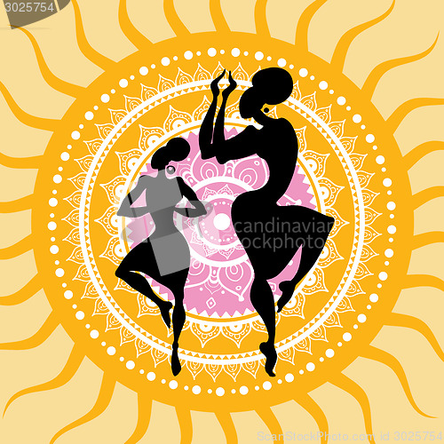 Image of Mandala. Indian dancers silhouettes.