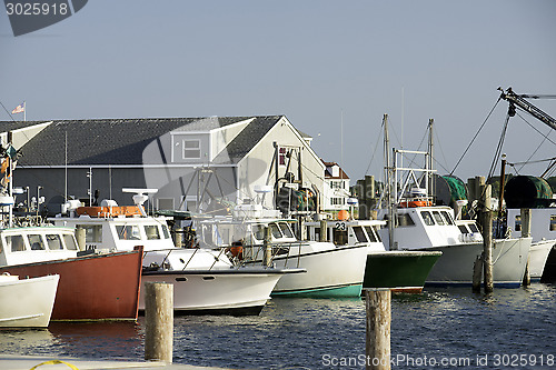 Image of fishing boats in bay harbor marina Montauk New York USA the Hamp