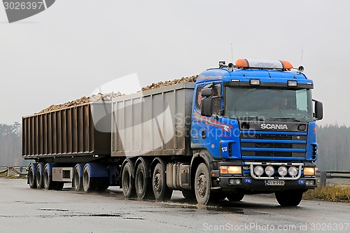 Image of Blue Scania 164G Trailer Truck Hauls Sugar Beet