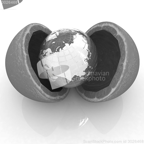 Image of Earth and orange fruit on white background. Creative conceptual 