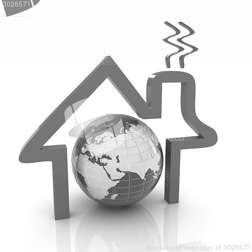 Image of 3d green icon house, earth on white background 