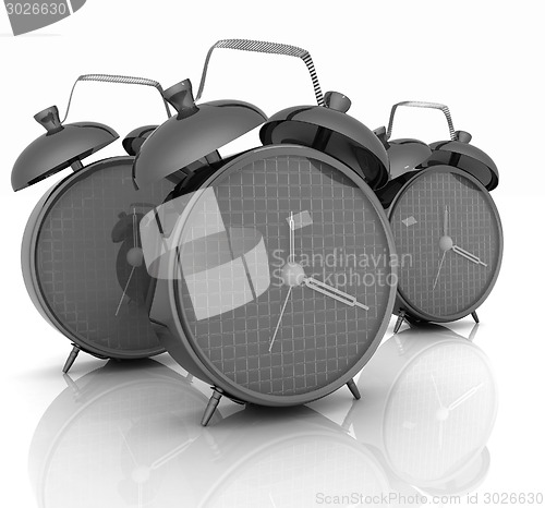 Image of 3d illustration of glossy alarm clocks against white background 