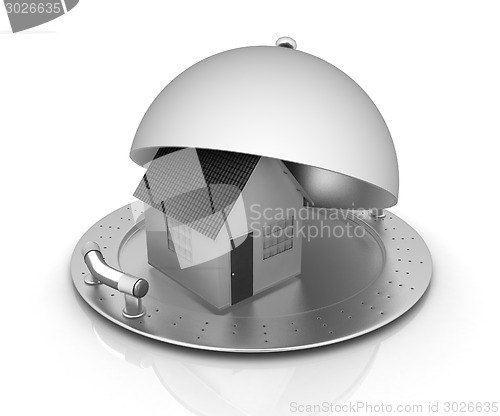 Image of house on restaurant cloche isolated on white background 
