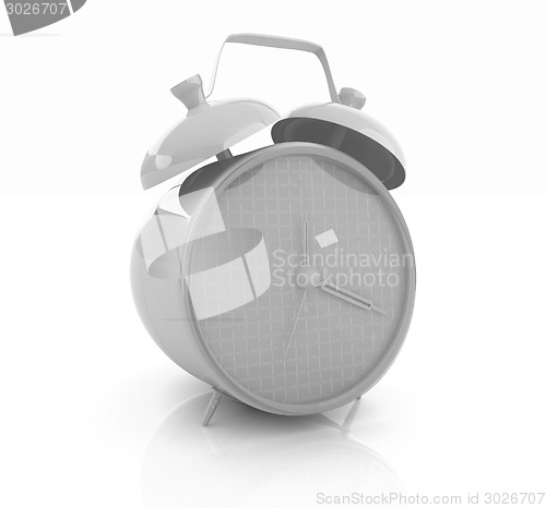 Image of 3d illustration of glossy purple alarm clock against white backg