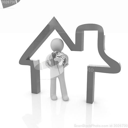 Image of 3d man, house icon and earth