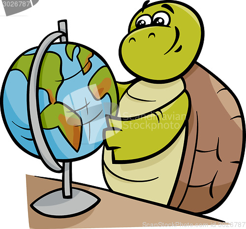 Image of turtle with globe cartoon illustration