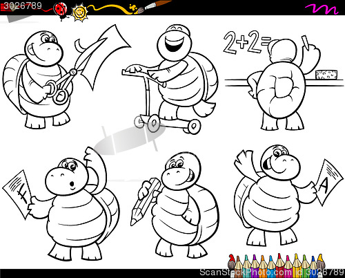 Image of school turtle set cartoon coloring page