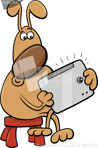 Image of dog with tablet cartoon illustration