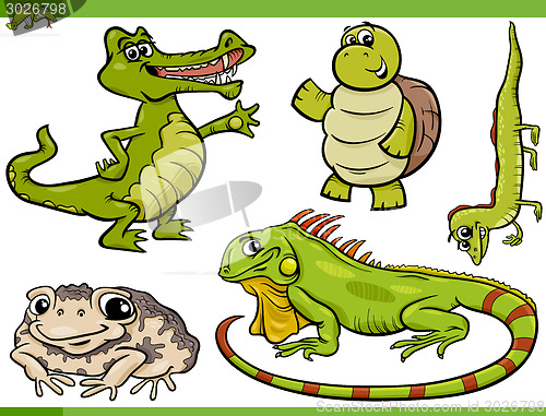 Image of reptiles and amphibians cartoon set