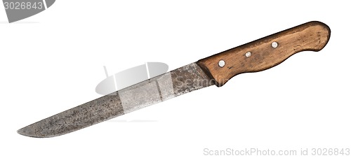 Image of Rusty old knife with black leather handle.