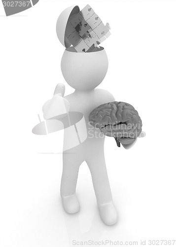 Image of 3d people - man with half head, brain and trumb up. Idea concept