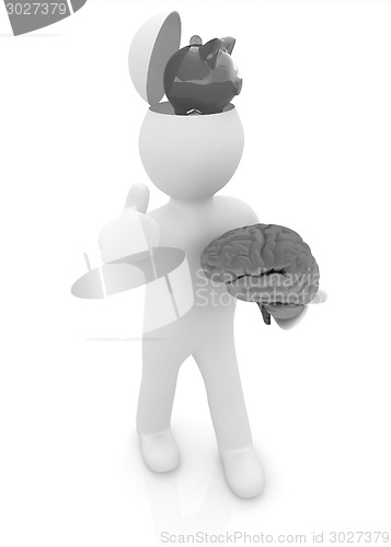 Image of 3d people - man with half head, brain and trumb up. Saving conce