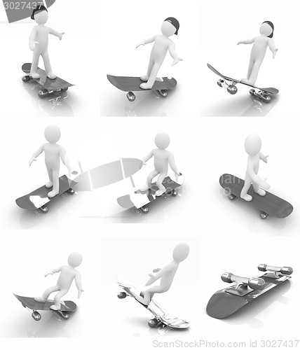 Image of Set of 3d white person with a skate and a cap. 3d image on a whi