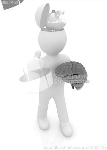 Image of 3d people - man with half head, brain and trumb up. Saving conce