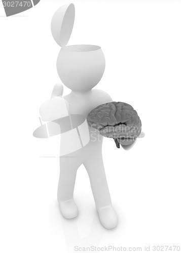 Image of 3d people - man with half head, brain and trumb up. 