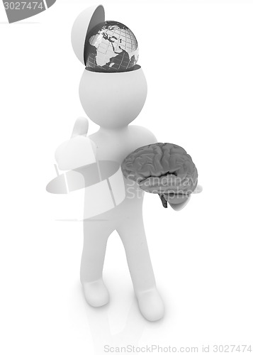 Image of 3d people - man with half head, brain and trumb up. Traveling co