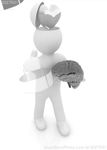 Image of 3d people - man with half head, brain and trumb up. Love concept